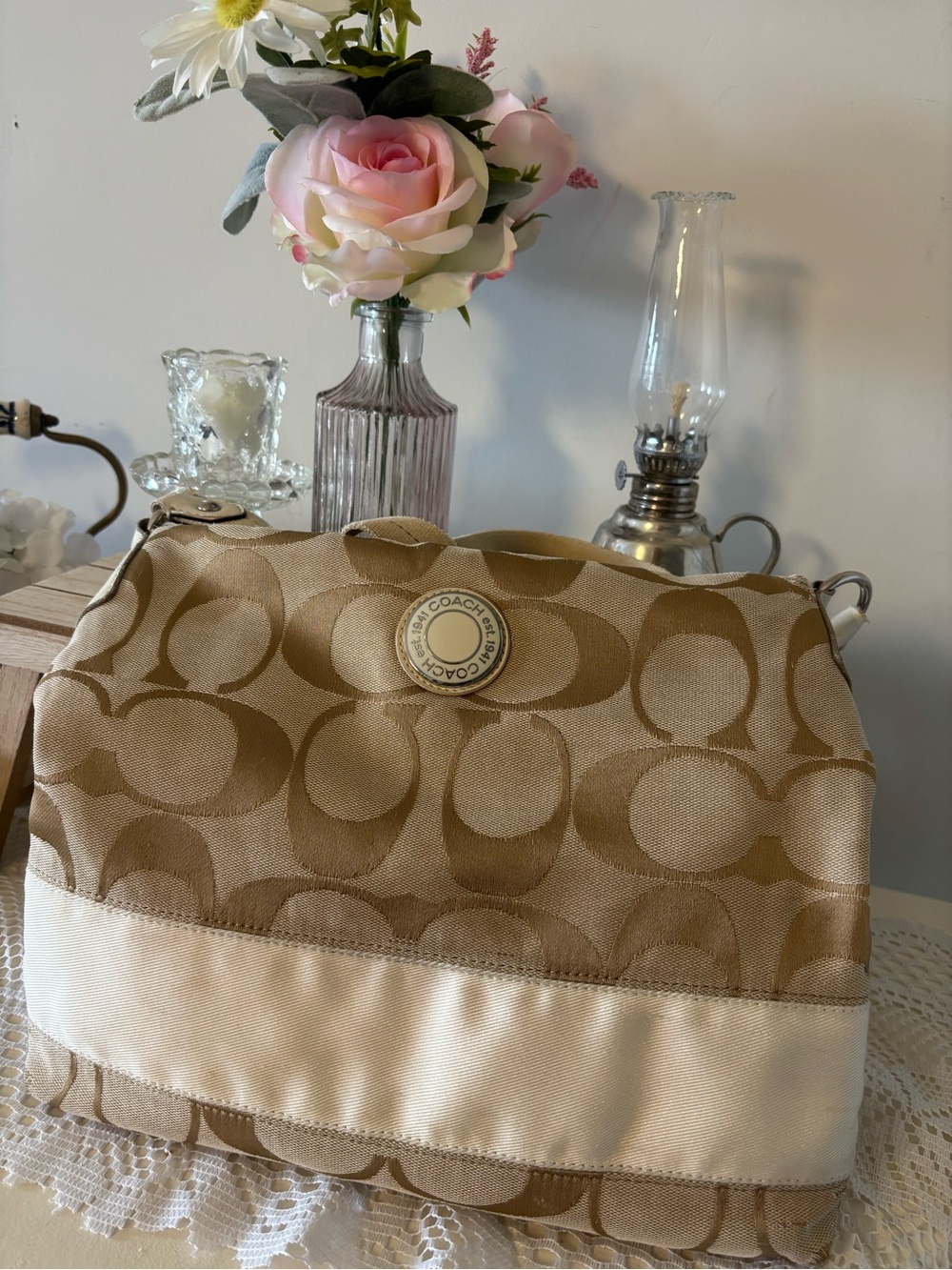 Coach Signature Canvas Shoulder Bag in Beige and Tan